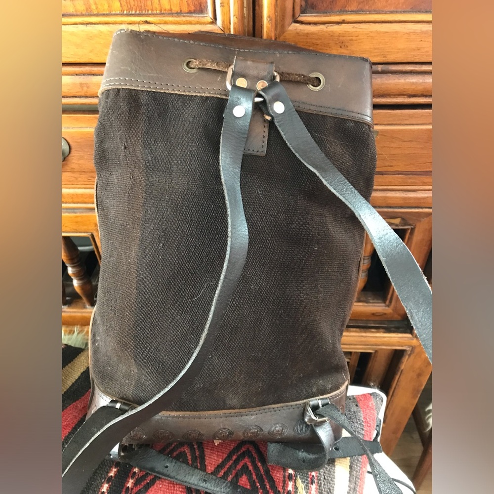Vintage Dark Brown Tooled Leather and Woven Fabric Backpack - Picture 11 of 12